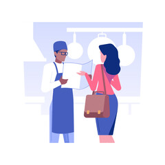 Select a food franchise isolated concept vector illustration. Businessman choosing a food franchise, dealership company, distributorship contract, opening new restaurant vector concept.