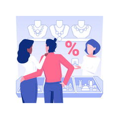 Jewellery deals and promotions isolated concept vector illustration. Young couple choosing rings in store, jewellery by sale, successful deal, distributorship company vector concept.