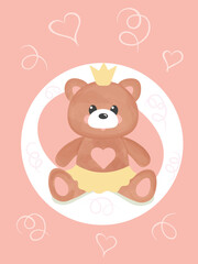 Cartoon cute watercolor teddy bear toy with a crown on a pink background. Vector illustration for a baby shower, baby invitation card.