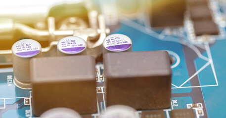 Modern printed circuit board, electronic circuit board, textolite. Background banner.