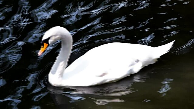 A white swan painted with oil paint floats on the lake