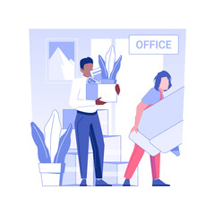 Relocation support isolated concept vector illustration. Employee with boxes and equipment moving in new office, business etiquette, corporate culture, moving expenses vector concept.