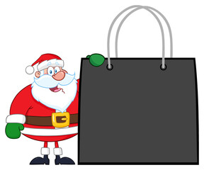 Santa Claus Cartoon Character Showing Shopping Bag. Hand Drawn Illustration Isolated On Transparent Background 