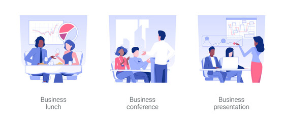 Offline business events isolated concept vector illustration set. Company workers at business lunch, conference event in office, marketing strategies discussion and presentation vector cartoon.