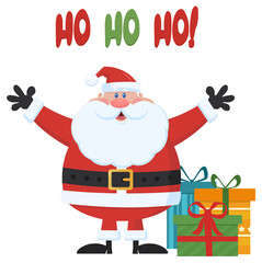 Santa Claus Cartoon Mascot Character With Open Arms And Gifts Boxes. Hand Drawn Illustration Isolated On Transparent Background 