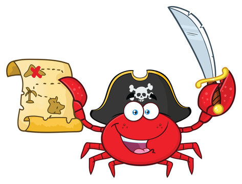 Pirate Crab Cartoon Mascot Character Holding A Treasure Map And Sword. Hand Drawn Illustration Isolated On Transparent Background
