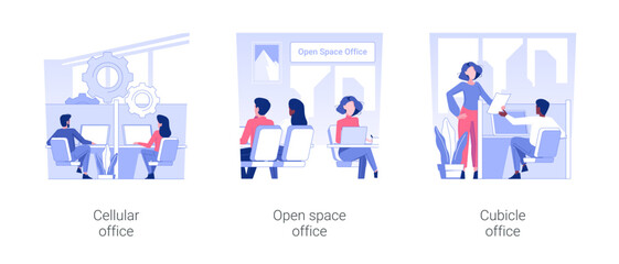 Types of offices isolated concept vector illustration set. Cellular office, open space working environment, colleagues in cubicle modern workplace, employees lifestyle vector cartoon.