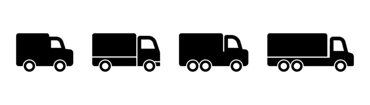 Delivery truck. Lorry icon. Delivery truck icon. Cargo vehicle set. Delivery lorry in glyph. Courier truck in glyph. Lorry sign in black. Stock vector illustration