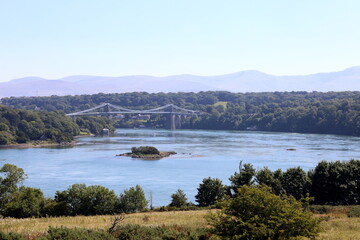 The Menai Straights connecting North Wales and Anglesey, with the iconic suspension bridge.