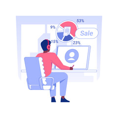 Marketing research isolated concept vector illustration. Call center worker processes data sales using laptop, customer service department, statistics search report vector concept.