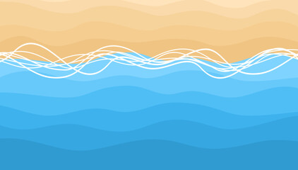 Sand beach background with blue sea waves. Vector top view summer illustration in flat style