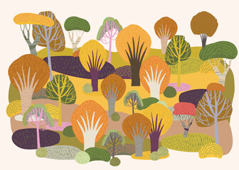 Cute Autumn trees in forest. vector illustration. Concept of season and nature. colorful artwork.
