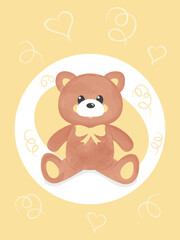 Cartoon cute watercolor teddy bear toy with a ribbon on a yellow background. Vector illustration for a baby shower, baby invitation card.