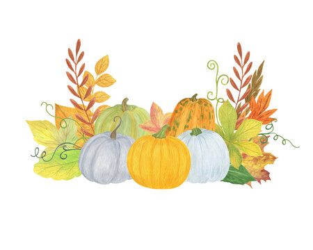 Floral Thanksgiving arrangement pumpkin, yellow, green leaves, mushroom, sunflower hand painted watercolor illustration for harvest time autumn holiday seasonal decor, poster, clipart, sublimation