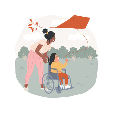 Kite Flying Isolated Cartoon Vector Illustration. Child In Wheelchair, Kid Flying Kite With Adult, Outdoor Fun Activity, Special Daycare, In-home Caregiver, Daycare For Disabled Vector Cartoon.