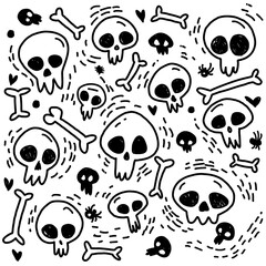 Doodle skull and bones elements set. Primitive, simple skeleton background. Halloween line art graphic set.