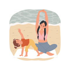 Beach yoga isolated cartoon vector illustration. Kid and adult standing in a pose on a mat, practice yoga at the beach, family travel, resort class, seaside activity, wellbeing vector cartoon.