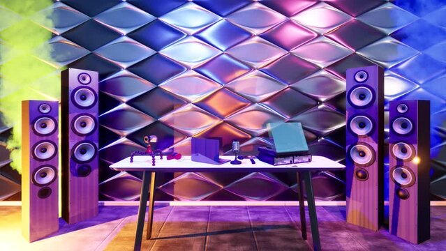 Partyraum mit Lichtspiel, Rauch und Schatten an der Wand - 3D-Animation