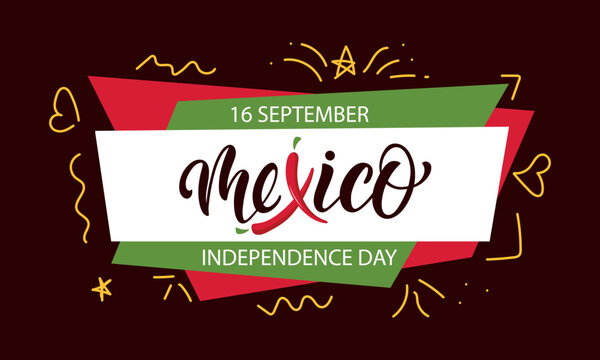 Mexico Independence day handwritten text on colorful abstract background. Hand lettering, modern brush calligraphy. Vector illustration for annual Mexican holiday on September 16. Logo, poster, banner