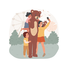 Mascot costume isolated cartoon vector illustration. Fun fair activity, kids hugging man in life-size costume, bear mascot, family in amusement park, taking photo with character vector cartoon.