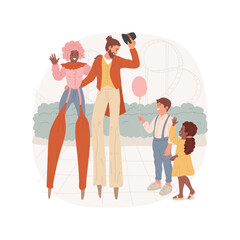 Stilt walkers performance isolated cartoon vector illustration. Stilt walker parade, family at amusement park, colorful costumes, children show, amused kids watch performance vector cartoon.