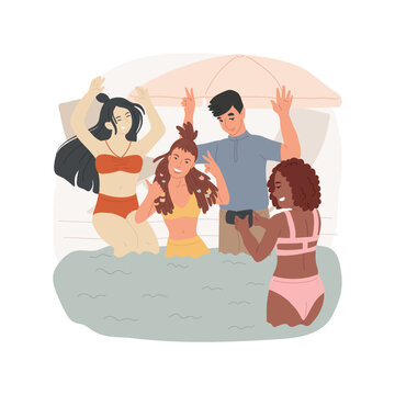 Taking pictures isolated cartoon vector illustration. Friends taking pictures, leisure time near pool together, girl makes photo, holding camera, guys smiling and laughing vector cartoon.