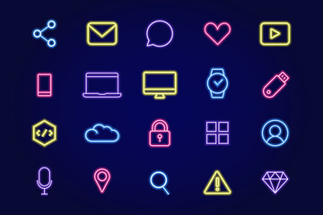 Collection of neon icons on the theme of IT- sphere. Technology and technology. Vector illustration