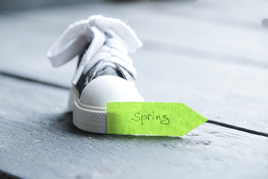 creative concept, green pointer with the inscription spring