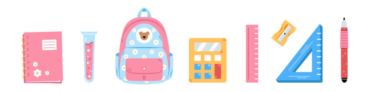 Vector back to school set. Cute pink collection of school supplies for children. Colorful flat design. Backpack, calculator, pen, ruler, sharpener, notebook and test tub.