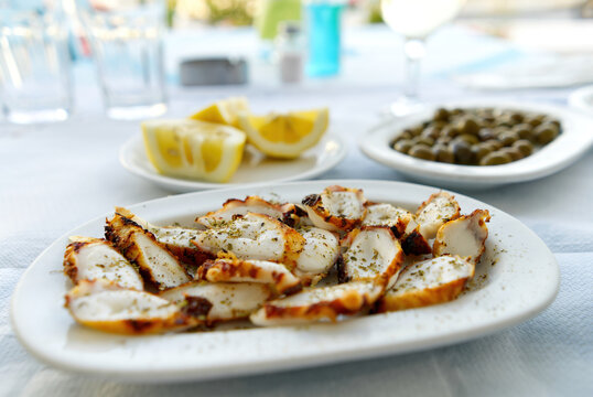 octopus dish in greece restaurant. close up
