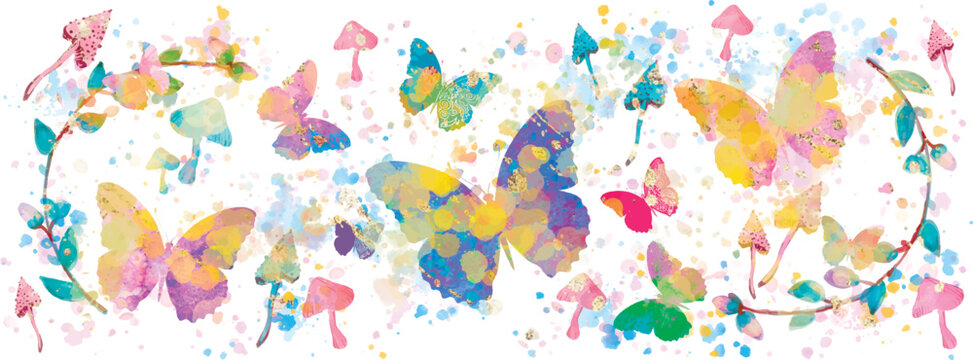 Watercolour pattern with butterflies, mushrooms, flowers. Botanical illustration, wedding, birthday template.