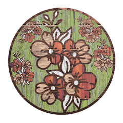 Botanical icon with wooden effect. Floral illustration, icon, circle, frame.