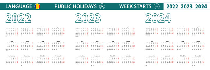 Simple calendar template in Romanian for 2022, 2023, 2024 years. Week starts from Monday. - obrazy, fototapety, plakaty