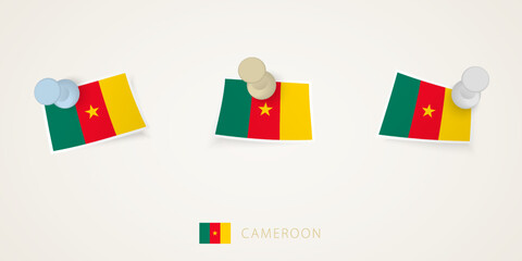 Pinned flag of Cameroon in different shapes with twisted corners. Vector pushpins top view.