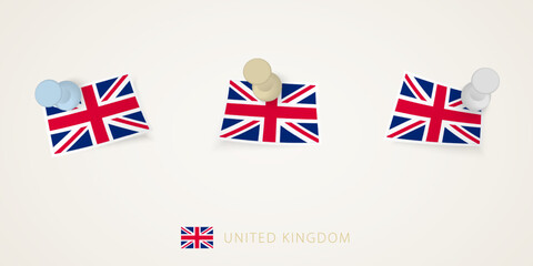 Pinned flag of United Kingdom in different shapes with twisted corners. Vector pushpins top view.