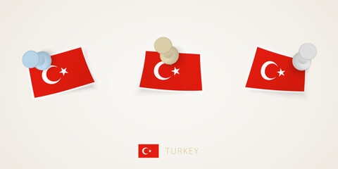 Pinned flag of Turkey in different shapes with twisted corners. Vector pushpins top view.