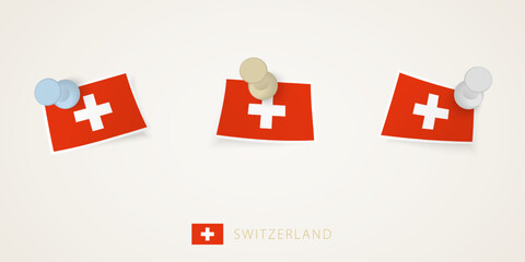 Pinned flag of Switzerland in different shapes with twisted corners. Vector pushpins top view.
