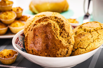 broa, traditional rustic bread from Brazil and Portugal, made from cornmeal and corn, baked and served for breakfast