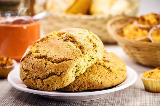 broa, traditional rustic bread from Brazil and Portugal, made from cornmeal and corn, baked and served for breakfast