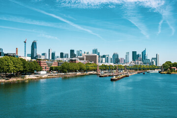 Naklejka premium View of the Frankfurt skyscrapers. Frankfurt City Downtown. View on the financial district Frankfurt city, Germany. Skyline cityscape of Frankfurt, Germany during sunny day. 