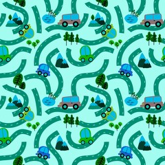 Cartoon kids seamless cars road pattern for child clothes print and wrapping paper and fabrics and accessories