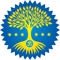 The tree of life is yellow with the sign Aum, Om, Ohm against the background of a blue star. Vector graphics.