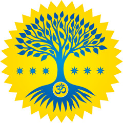 The tree of life is blue-blue with the sign Aum, Om, Ohm against the background of the yellow sun. Vector graphics.