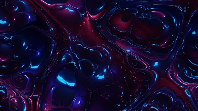 4k looped 3d bg. Abstract glossy liquid surface with beautiful pattern on it, displace noise texture. Top of view static camera. Abstract curly liquid gradient of color or paint. Distorted Texture.