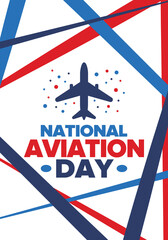 National Aviation Day in United States. Holiday, celebrated annual in August 19. Design with airplane and american flag. Patriotic element. Poster, greeting card, banner and background. Vector