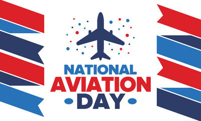 National Aviation Day in United States. Holiday, celebrated annual in August 19. Design with airplane and american flag. Patriotic element. Poster, greeting card, banner and background. Vector