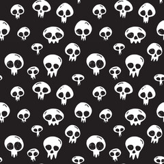 Cute Doodle skull seamless background. Primitive, simple funny skeleton pattern. Halloween hand drawn black and white graphic ornament.