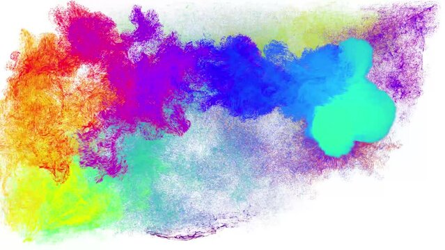 Ink effect. Emitter ball of colored particles sweeps around room leaving swirl of particles. Luma matte as alpha channel. Rainbow cloud of particles like ink in water on white background