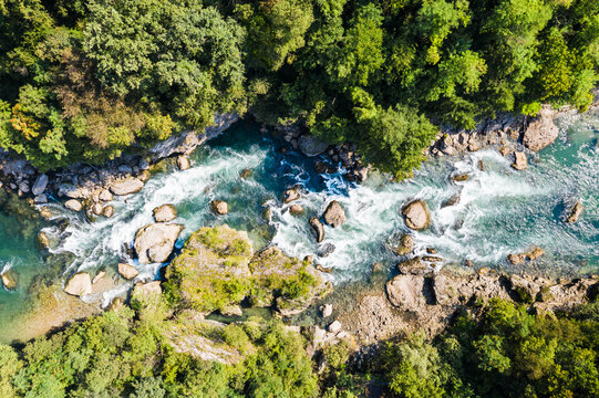 Aerial view of Adda river with Rapids, Northern Italy