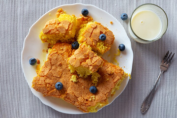 handmade biscuit pie with blueberries on white ceramic plate.